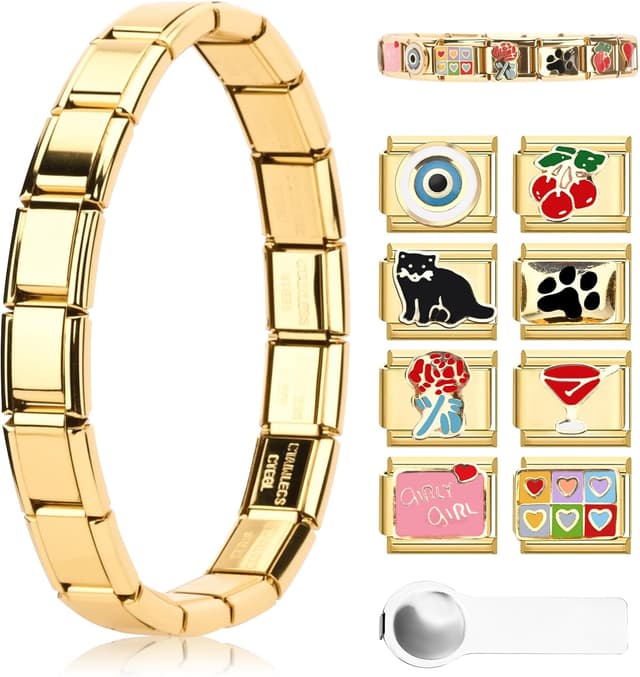 Detalle de Ouxayapl Italian Charm Bracelet Gold – Italian Charms Armband-Set mit 18 Grundgliedern, 8 Motiven & Öffnungswerkzeug