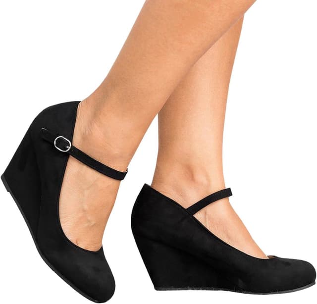 Detalle de Coutgo Women’s Wedge Pumps Mary Jane Heeled Shoes with Ankle Strap (Closed Toe)