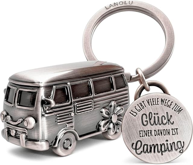 Detalle de LANOLU Schlüsselanhänger „Camping Glück“ – 3D Wohnwagen-/Wohnmobil-Anhänger aus Metall als Camper-Geschenk