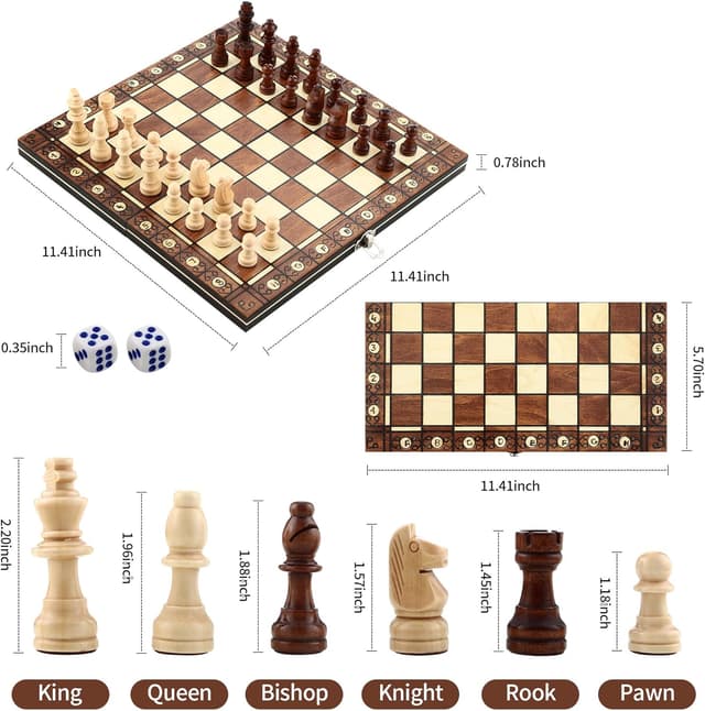 Detalle 2 de Scacchiera magnetica pieghevole in legno 3 in 1 (29x29 cm) per scacchi, dama e backgammon