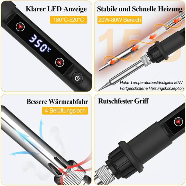 Detalle de Lötkolben-Set 80 W mit LED Temperaturregelung (180–520 °C) – inkl. Entlötpumpe, Spitzen & Zubehör