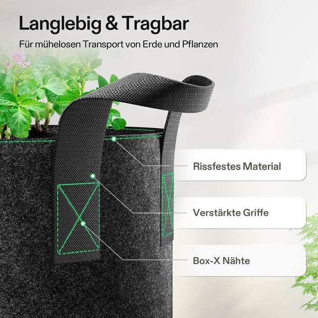 Detalle de VIVOSUN Pflanzsack 5er-Set 20L aus Vliesstoff – robuste Grow Bags mit Griffen