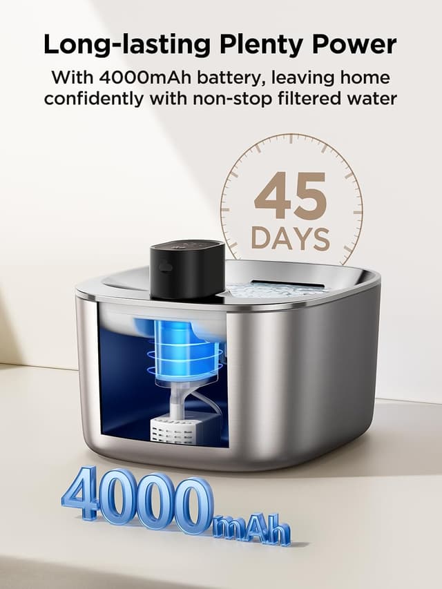 Detalle 2 de FEELNEEDY kabelloser Trinkbrunnen für Katzen aus Edelstahl (4 l) mit Sensor, Akku 4000 mAh und 2 Filter