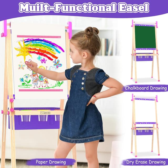 Detalle 2 de Kids Art Easel for Ages 4–8 with Paper Roll, Markers, Paint, Chalk & Magnetic Accessories