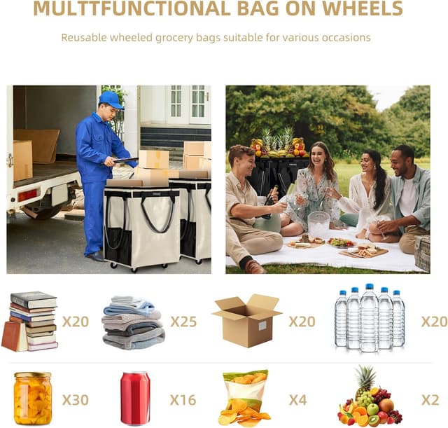 Thumbnail 6 de (Medium, Beige) Reusable Grocery Bag on 4 Wheels Rolling Tote — Foldable Zip-Top Wheeled Shopping Cart Bag