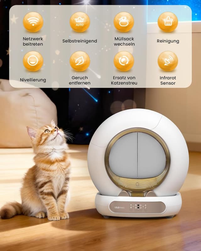 Detalle 1 de LELO PAWS selbstreinigende Katzentoilette mit Türvorhang, 65 l + 9 l, App-Steuerung (Golden)