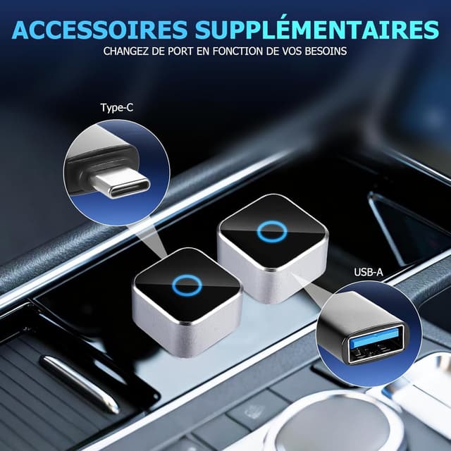 Detalle 2 de Mini adaptateur CarPlay sans fil 2 en 1 USB/Type-C (Plug & Play) pour Apple CarPlay & Android Auto