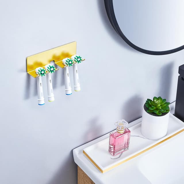 Detalle de GGQ Zahnbürstenhalter (Wand, ohne Bohren) mit selbstklebender Aufsatz-Halterung für elektrische Zahnbürsten – Gold, Groß