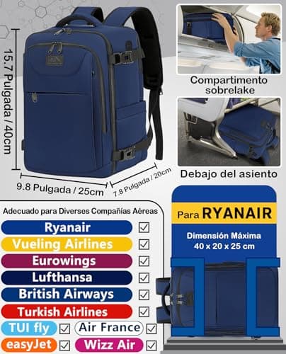 Detalle 2 de LYNXCHER Mochila de cabina para avión 40x20x25 cm (compatible con Ryanair) con espacio para portátil de 14" Azul oscuro