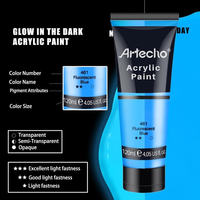 Detalle 2 de Artecho Acrylfarbe Leuchtfarbe im 6er-Pack (120 ml) – wasserfest, lichtbeständig und schnell trocknend