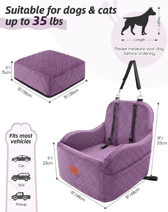 Detalle de Lealchum Dog Booster Car Seat for Small/Medium Dogs (Purple, Medium) – detachable & washable pet booster