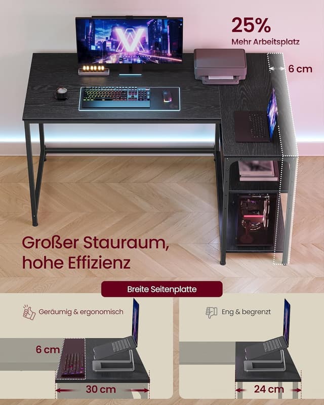 Detalle de VASAGLE LWD136BE01 Eckschreibtisch in L-Form (120 x 80 cm) mit Stauraum und höhenverstellbarer Ablage