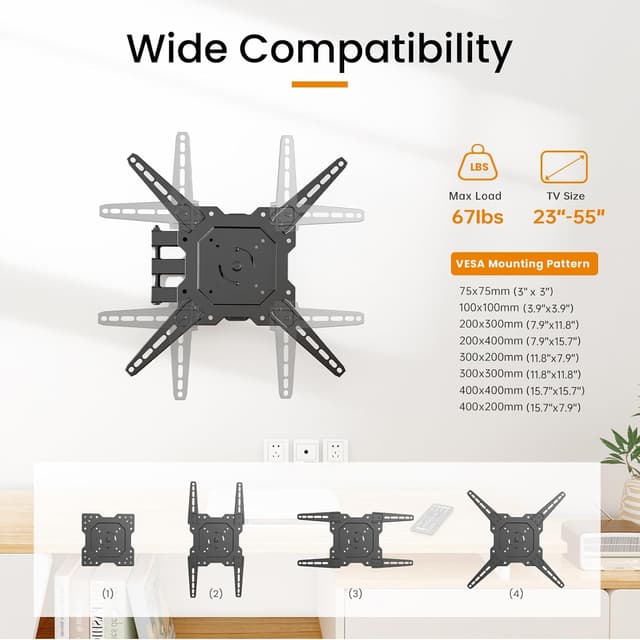 Detalle 2 de H&C Full Motion TV Wall Mount (23–55") for Flat & Curved TVs, VESA up to 400x400, Swivel Tilt with Cable Storage
