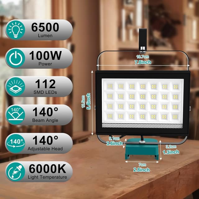 Detalle de NATPOW Cordless LED Work Light (2 Pack) for Makita 18V batteries – USB & Type C charging