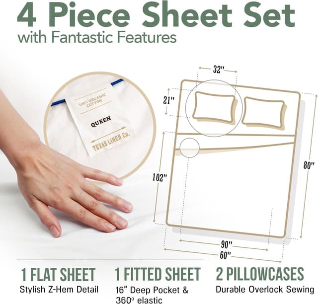 Detalle de TEXAS LINEN CO. 100% Organic Cotton Percale Queen Sheet Set (4-Piece) — 16" Deep Pocket, White