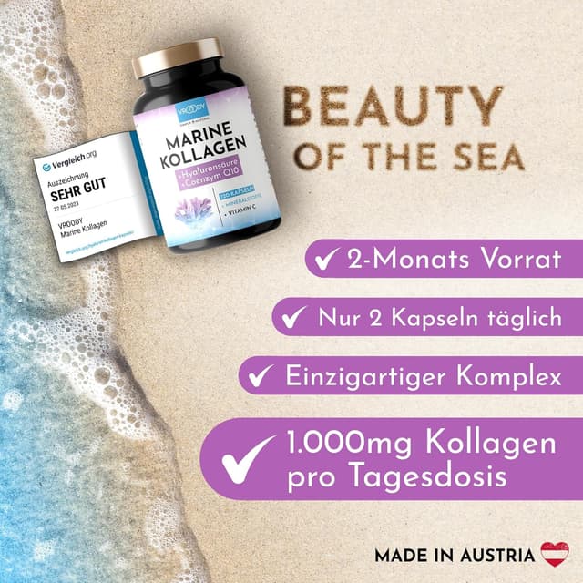 Detalle de Premium Marine Kollagen Kombo 1000 mg + Q10: mit Hyaluronsäure, Kupfer, Mangan, Vitamin C, Zink & Biotin (2er Pack)