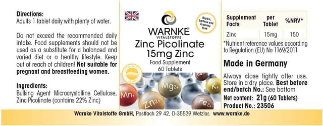 Thumbnail 2 de Warnke Vitalstoffe Picolinato de Zinc 15mg 60 comprimidos Calidad alemana 💊