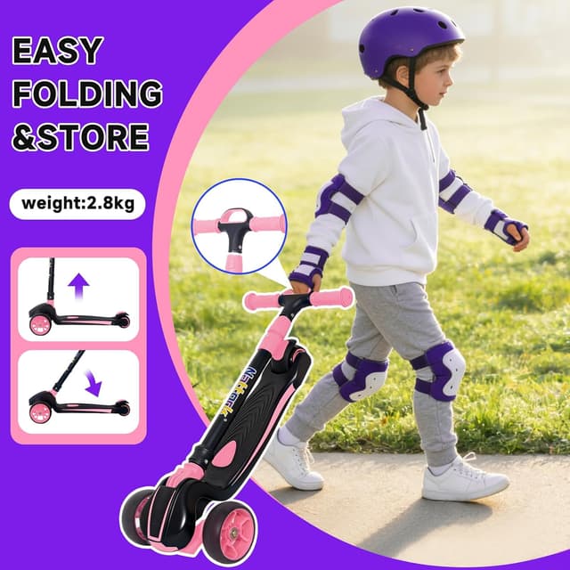 Detalle de Nattork Kids Scooter (Age 3–8) with Light-Up 3 Wheels, Foldable Design, Adjustable Height (26–32 in) and Lean-to-Steer
