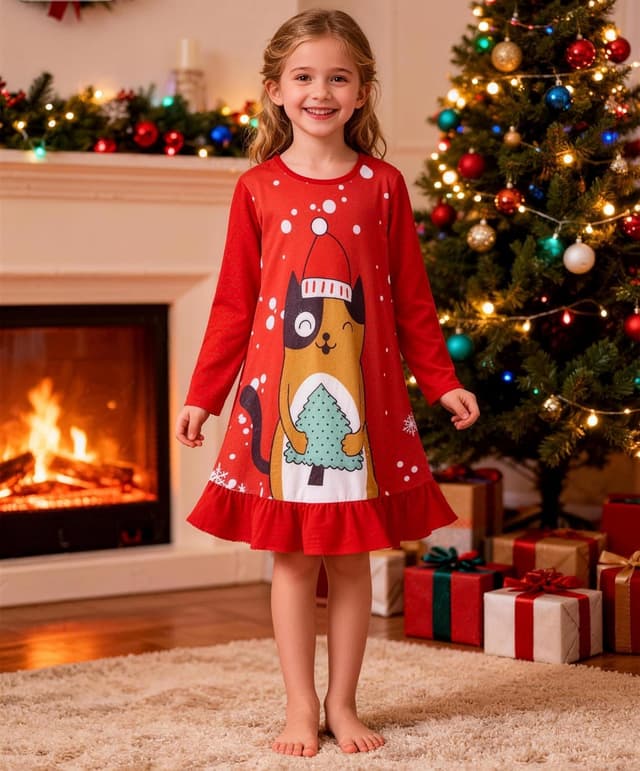 Detalle de LOLPIP Weihnachts-Nachthemd für Mädchen (3–10 Jahre) – Langarm, Pyjama-Winterkleid mit Baumwollanteil