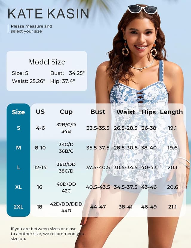 Detalle de Kate Kasin Tankini Swimsuit Set for Women (2026) — Tummy Control Two-Piece with Floral Tank Top