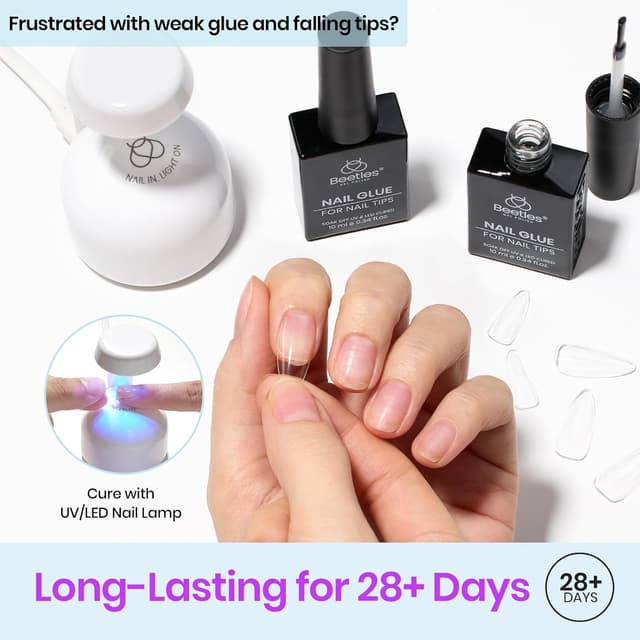 Detalle de Beetles 9 in 1 Gel Nail Glue for Acrylic Tips (2 x 10ml) — UV/LED Cured False Nail Adhesive