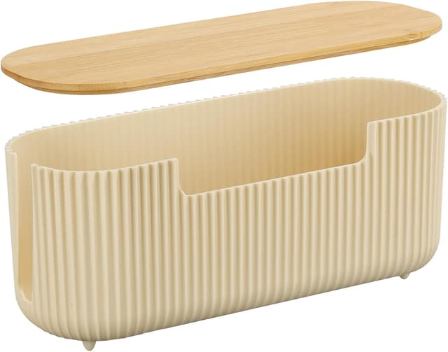 Detalle de CRROEL Cable Tidy Box with Bamboo Lid (Beige) for hiding power strips and desk cables