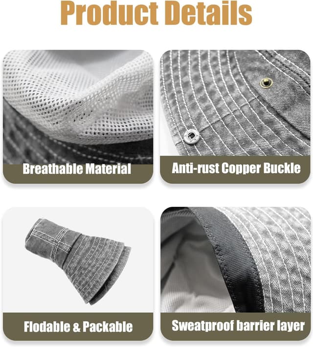 Detalle de NLAND faltbarer Sonnenhut mit UV-Schutz für Herren & Damen – Safari/Boonie Hut mit breiter Krempe und Kinnband