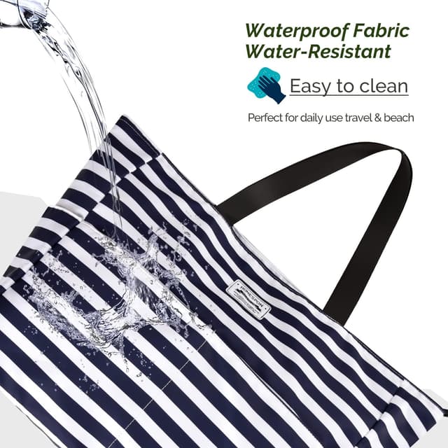 Detalle 2 de HOMESPON Large Waterproof Beach Tote Bag (Blue Stripes) with Zip & Pockets, Foldable