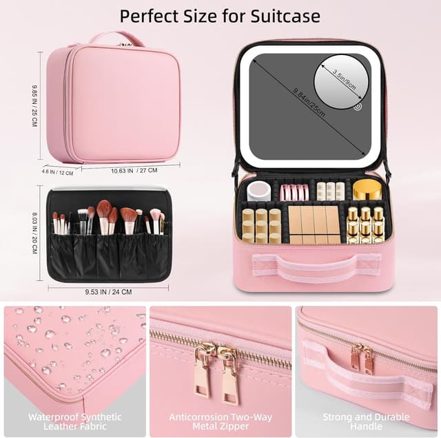 Thumbnail 1 de Travel Makeup Bag with LED Mirror – cosmetic organiser case with adjustable compartments, waterproof finish and lights