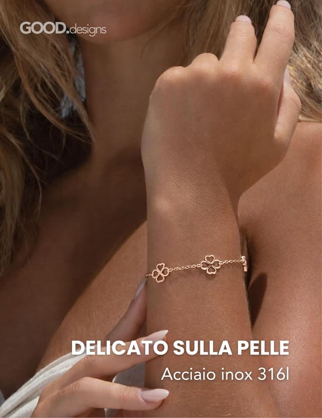 Detalle 2 de GD GOOD.designs bracciale a trifoglio da donna regolabile in acciaio 316L placcato oro 18 carati