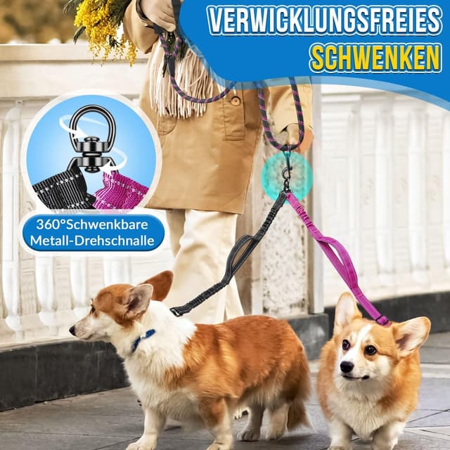 Detalle de SlowTon doppelte Hundeleine für zwei kleine Hunde mit 360°-Drehverschluss & Bungee