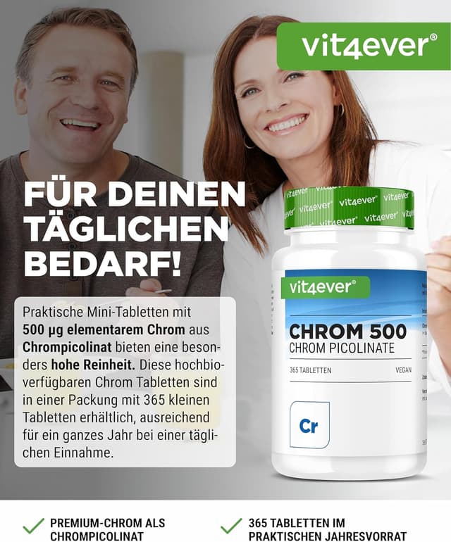Detalle de vit4ever Chrom aus Chromium Picolinate extra hochdosiert – 500 mcg pro Tablette, 365 Tabletten (vegan)