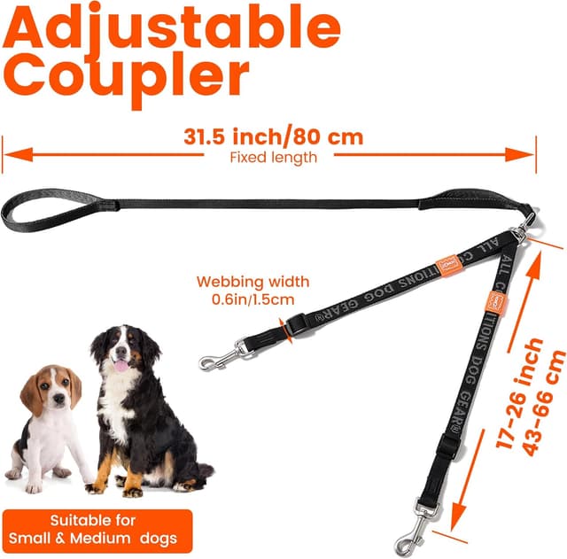 Detalle de HOWGO Double Dog Leash with 360° Swivel, No-Tangle Split Leash Coupler (Black, 4/5" x 4.8 FT)