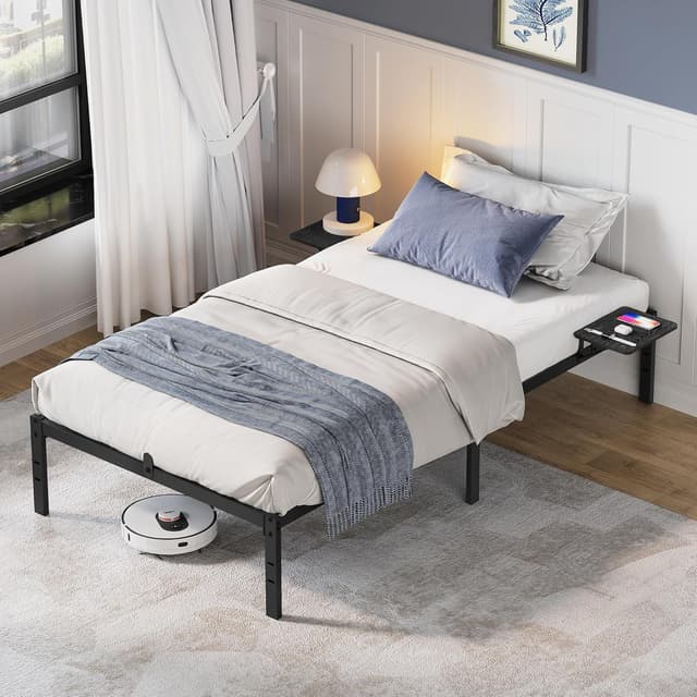 Detalle de VASAGLE Bett 140 x 200 cm (RMB094B01) mit Aufbewahrungsregalen – Metall-Bettrahmen für Gäste & Doppelbett