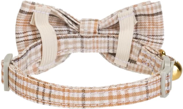 Detalle de YUDOTE 2 Pack Plaid Pet Collar (Red & Beige) with Bow Tie & Bell – Adjustable Fabric Collar for Small Cats