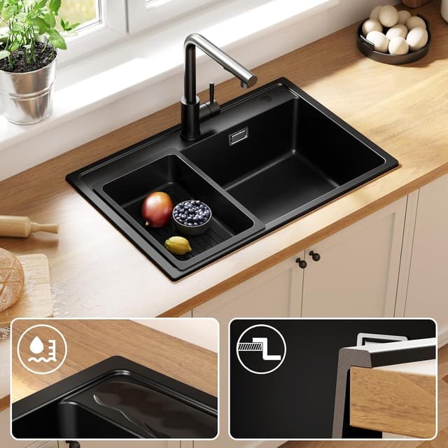 Detalle de ANYCEE Lavello Cucina Nero 70x46 cm in granito (80% sabbia di quarzo) con 1 vasca e sistema di scarico