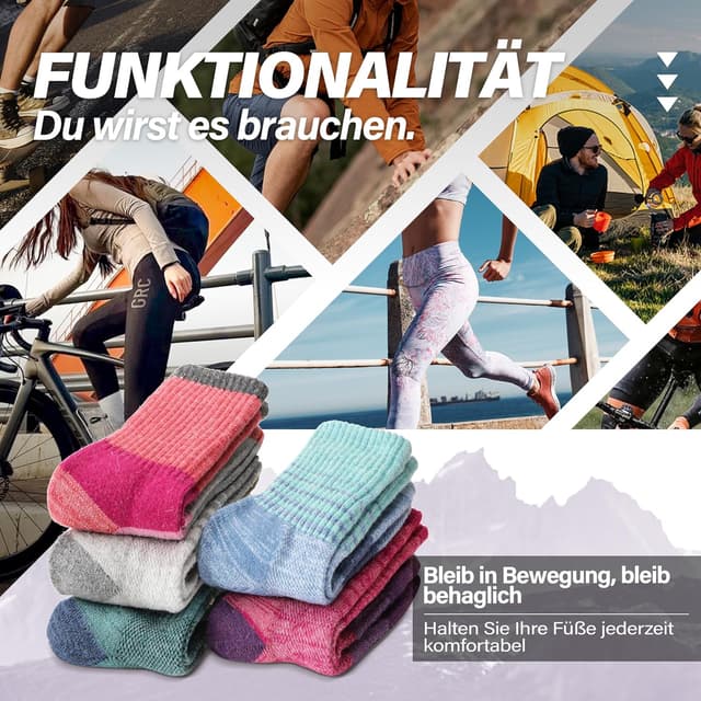 Detalle de MOSEY KOSY Merino Damen-Wandersocken (Thermosocken), 5 Paar – atmungsaktiv & gepolsterte Fußsohle