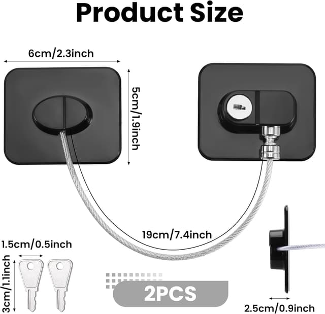 Detalle 2 de Huiguli 2-pack Refrigerator Door Locks with Adhesive Cable Restrictor and Keys (Black)