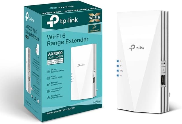 Detalle de TP-Link RE700X Ripetitore WiFi 6 Dual-Band AX3000 con 1 porta Gigabit e TP-Link OneMesh