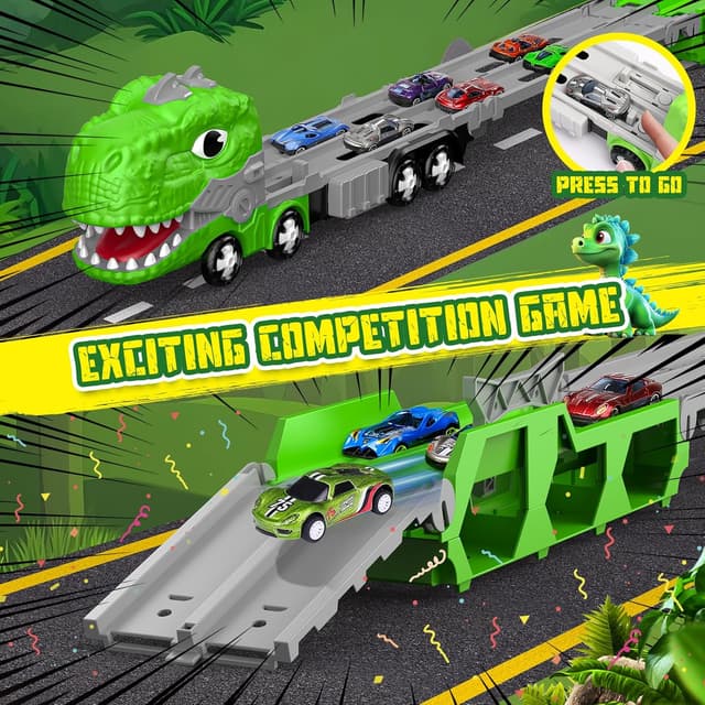 Detalle de maysida Dino Transporter Truck mit 6 Autos und klappbarer 170‑cm Rennstrecke