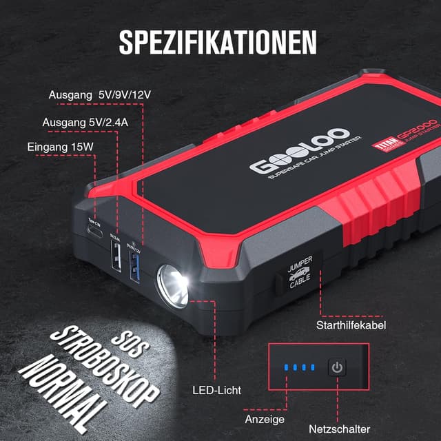 Detalle 2 de GOOLOO GP2000 2000A Starthilfe Powerbank für Pkw