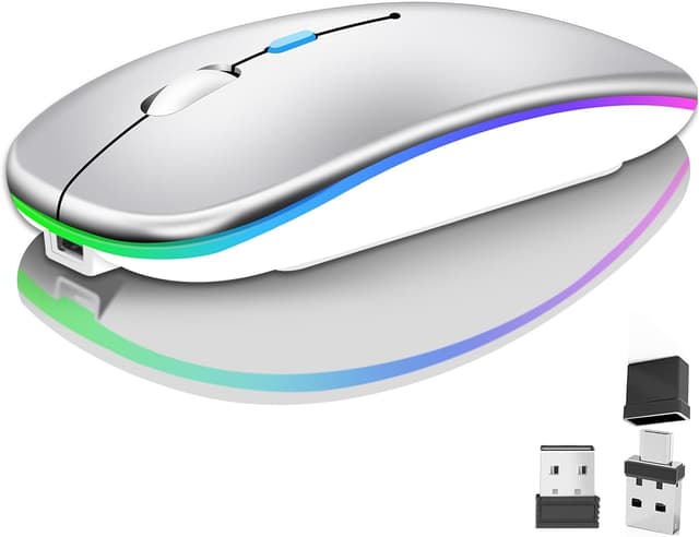 Detalle de Kabellose Bluetooth-Maus für Laptop mit 2.4GHz Dual-Empfänger, wiederaufladbar (Bluetooth 5.2 + USB A + USB C) – 1600 DPI, silber