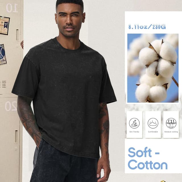 Detalle de HOUZONIY Oversized T-Shirt für Herren aus Heavy Baumwolle (Regular Fit) – Basic für Sommer & Streetwear