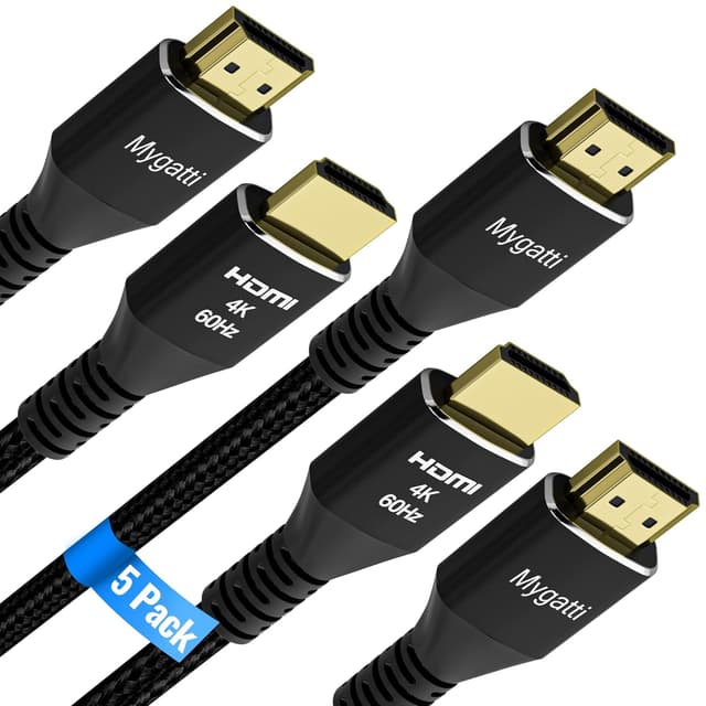 Detalle de Mygatti 4K Ultra HD HDMI 2.0 Kabel-Set (5 m, 5 Stück) mit rechtwinkligen Adaptern, vergoldeten Anschlüssen und Zubehör