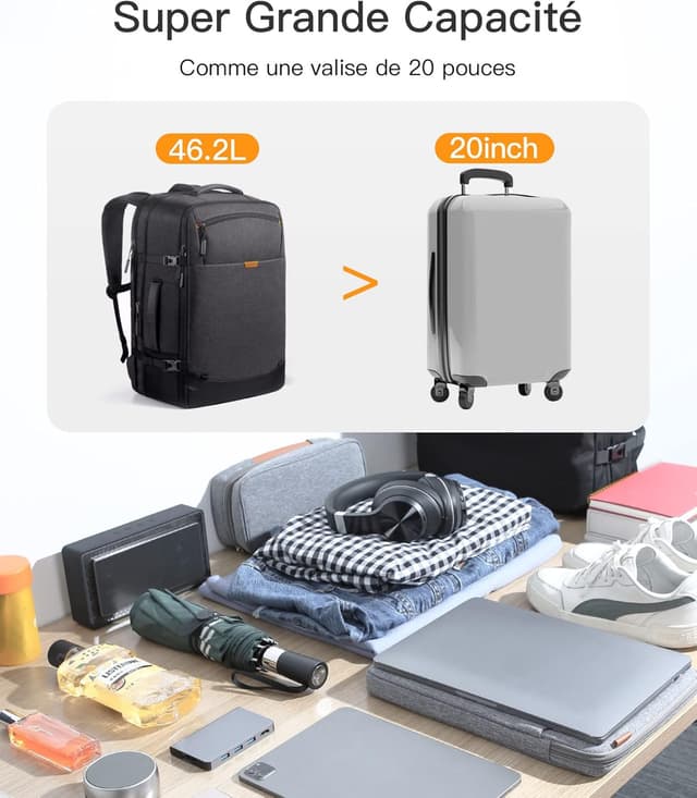 Detalle 2 de Inateck Lightour sac à dos de voyage extensible 38,5 à 46,2 L pour ordinateur portable 17,3" et iPad 12,9