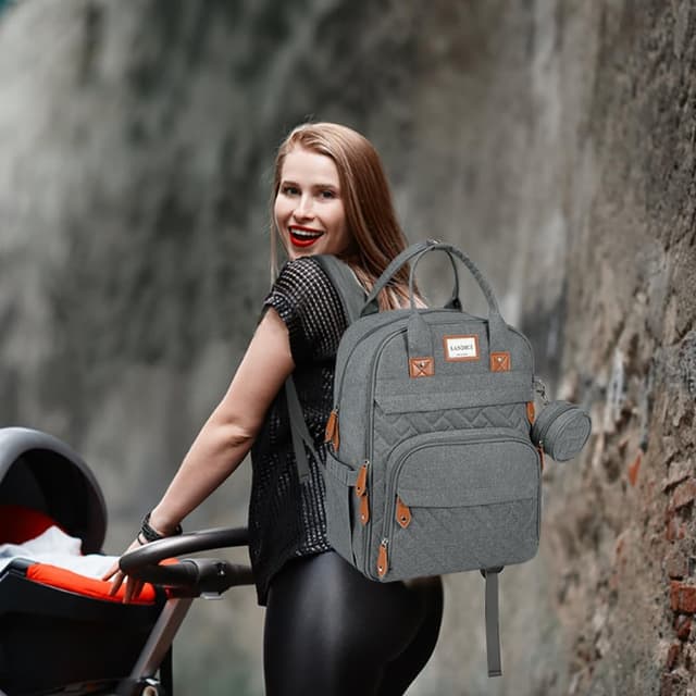 Detalle de LANDICI Baby Changing Bag Backpack (Large) in Grey — with Changing Mat, Stroller Straps & Pacifier Case