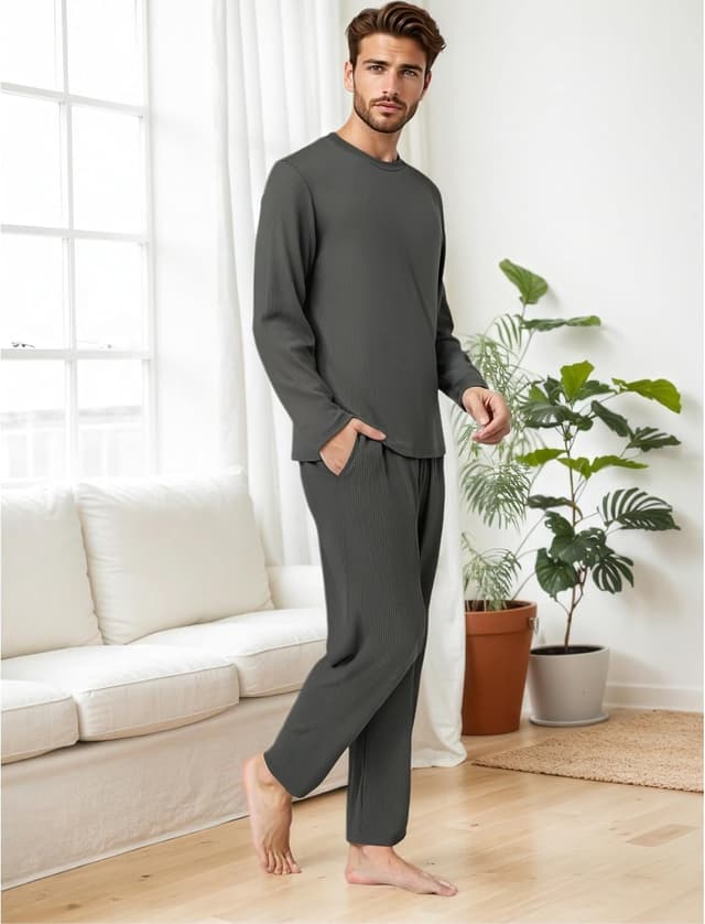 Detalle de YUSHOW Pyjama homme court d’été en côtes, manches courtes et col rond (pantalon/short avec poches)