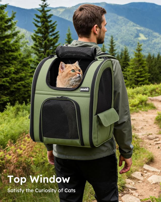 Detalle de Pecute Haustier Expansions Rucksack für Hund & Katze (erweiterbar, Front Opening, Mesh-Fenster) – dunkelgrün