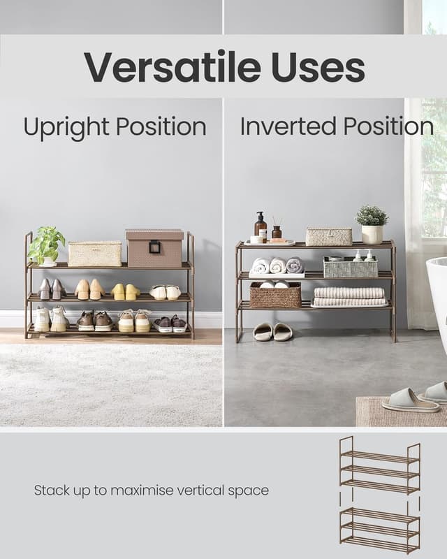 Detalle de SONGMICS 3-Tier Shoe Rack LSA303K01 (walnut brown) – stackable shoe organiser for up to 16–20 pairs