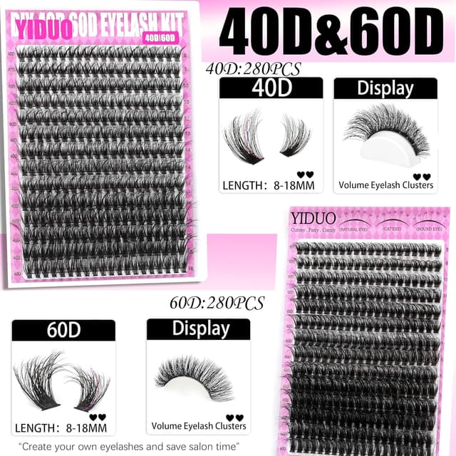 Detalle de YIDUO 4 Styles Lash Clusters Kit (40D/60D/80D/100D) with Spikes & Bottom Clusters, 2X Bond & Seal